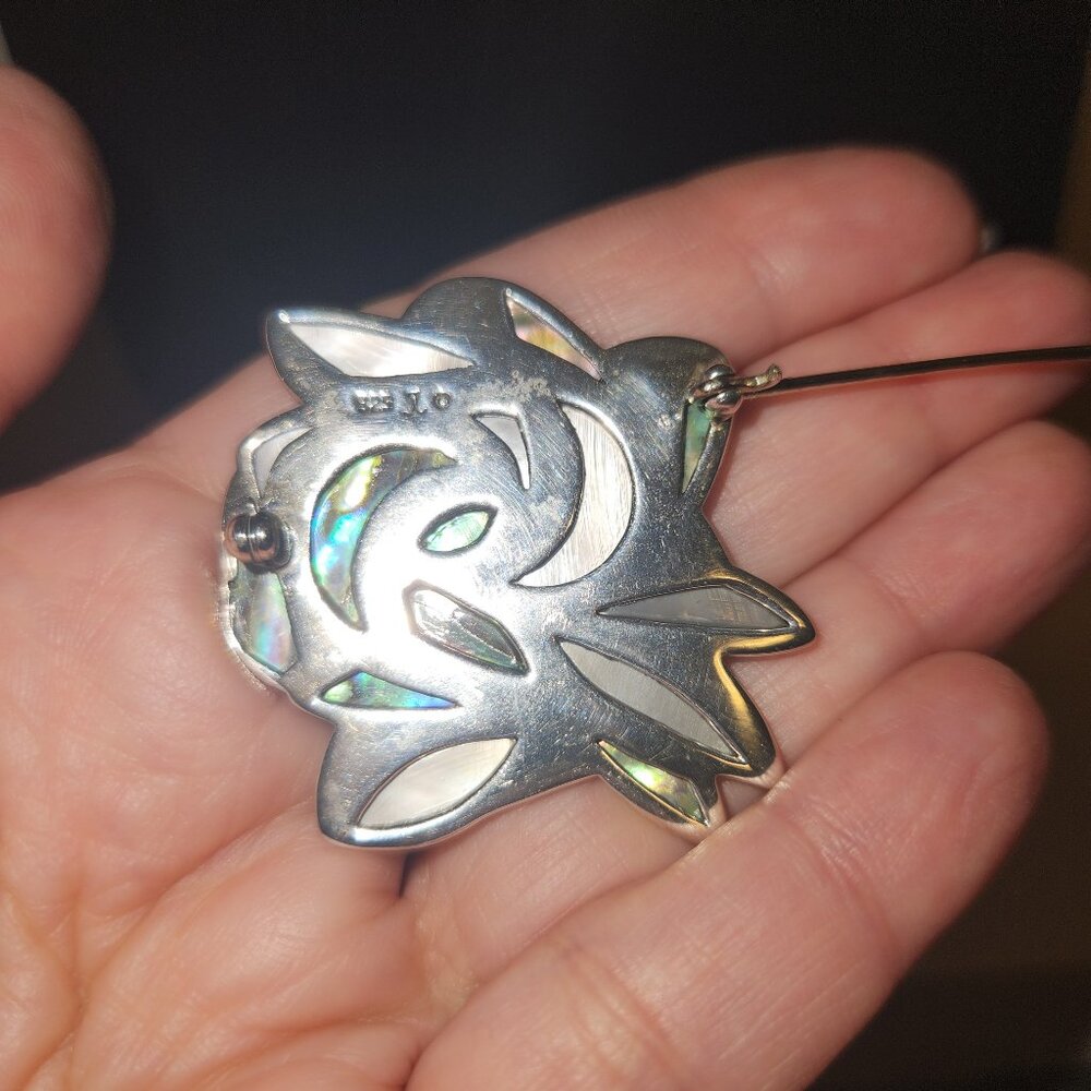 Vintage Abalone 925 Silver Floral Brooch w/Insignia on the Back - Picture 4 of 4